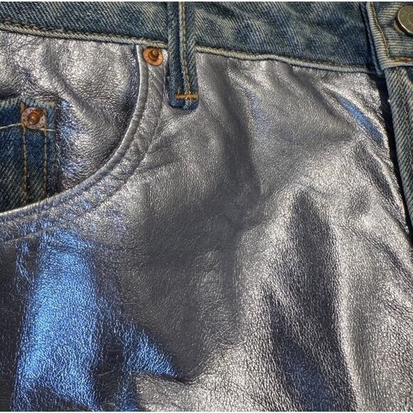 GRLFRND Mini Skirt Size 32 Milla Metallic Leather Panel Denim Two Face Festival - Picture 4 of 8